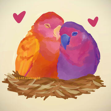 a digital painting of two lovebirds cuddling in a nest. one bird is in lesbian pride colors, the other is in bi pride colors.